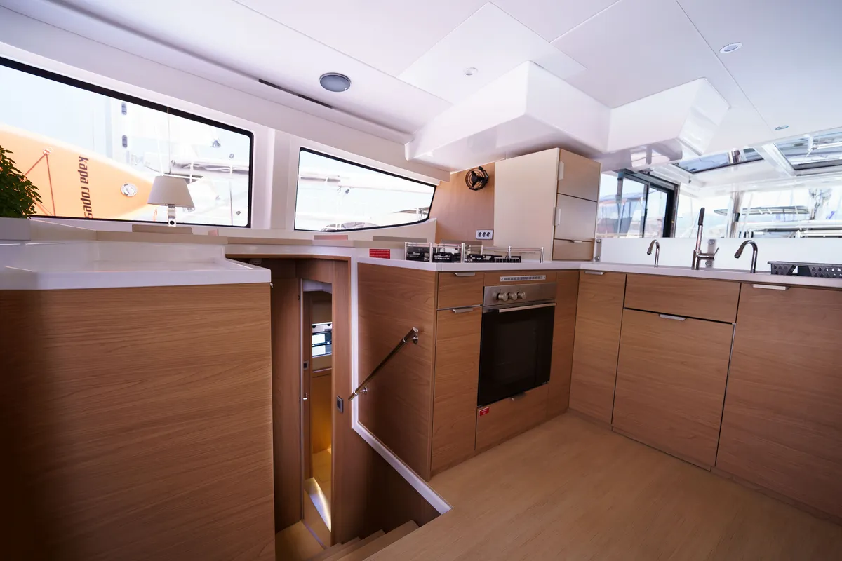 Galley of The Big Orange Boat, a Bali 4.8 catamaran at Lefkada, Greece