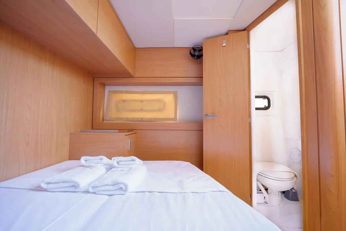 Cabin on The Big Orange Boat, a Bali 4.8 catamaran at Lefkada, Greece