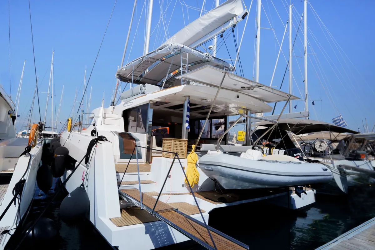 Exterior view of The Big Orange Boat, a Bali 4.8 catamaran at Lefkada, Greece