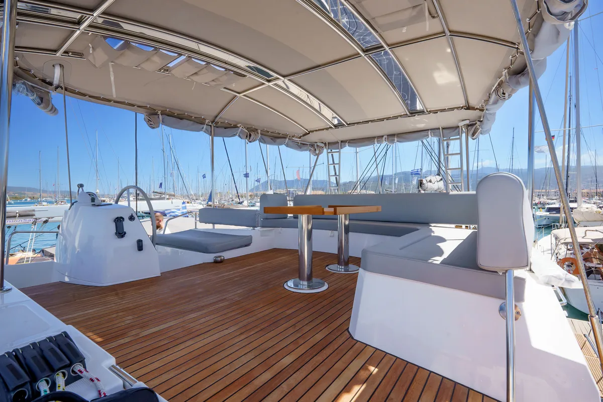 Deck of The Big Orange Boat, a Bali 4.8 catamaran at Lefkada, Greece