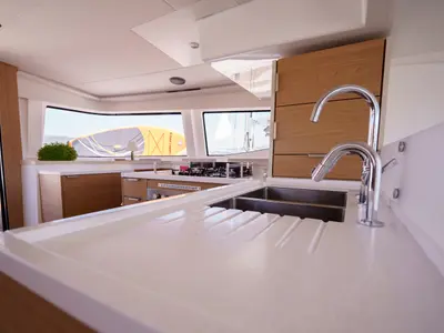 Galley of The Big Orange Boat, a Bali 4.8 catamaran at Lefkada, Greece