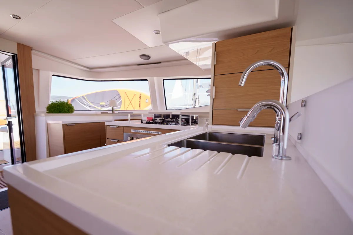 Galley of The Big Orange Boat, a Bali 4.8 catamaran at Lefkada, Greece