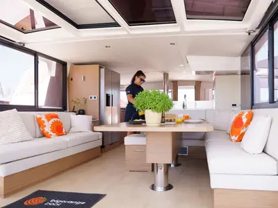 Salon of The Big Orange Boat, a Bali 4.8 catamaran at Lefkada, Greece