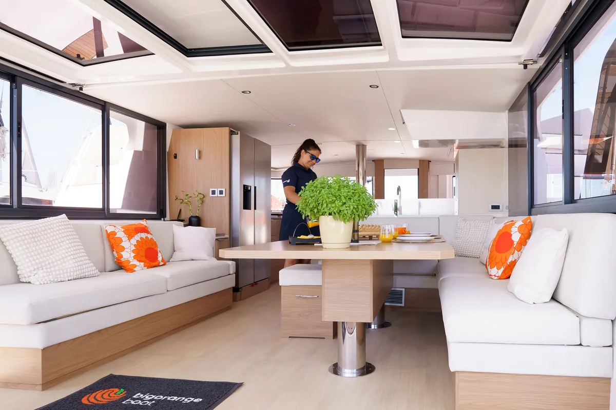 Salon of The Big Orange Boat, a Bali 4.8 catamaran at Lefkada, Greece