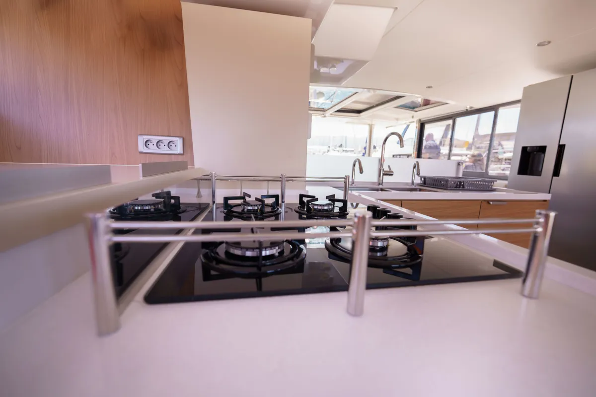 Galley of The Big Orange Boat, a Bali 4.8 catamaran at Lefkada, Greece