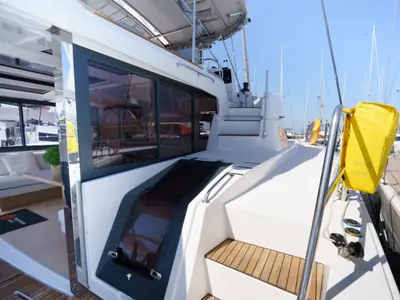 Deck of The Big Orange Boat, a Bali 4.8 catamaran at Lefkada, Greece