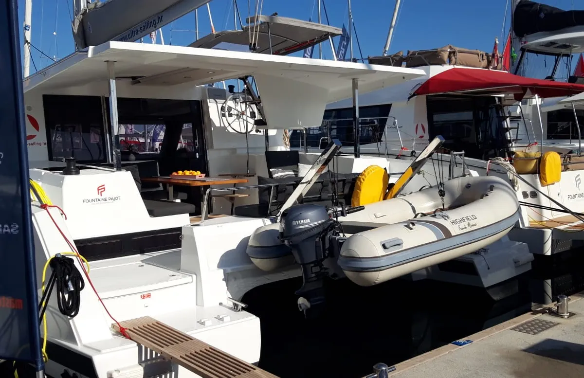 Exterior view of NALA, a Fountaine Pajot Lucia 40 catamaran at Seget Donji, Croatia