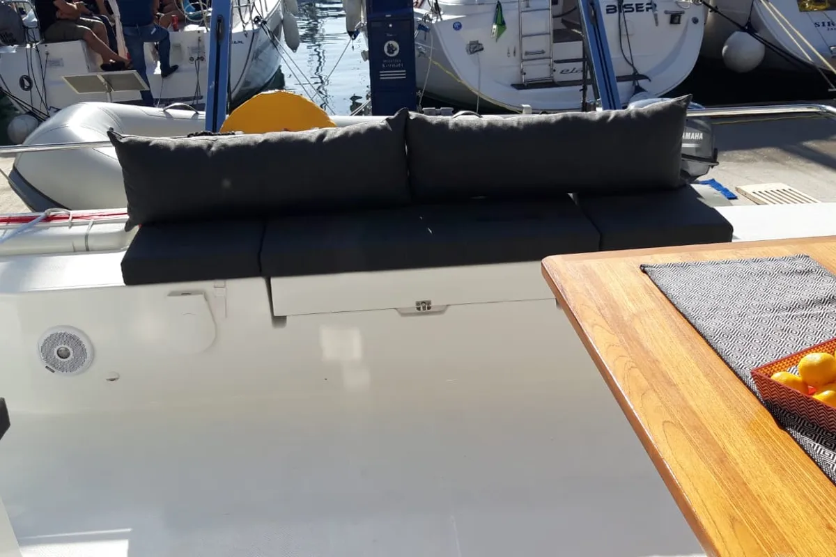 Deck of NALA, a Fountaine Pajot Lucia 40 catamaran at Seget Donji, Croatia