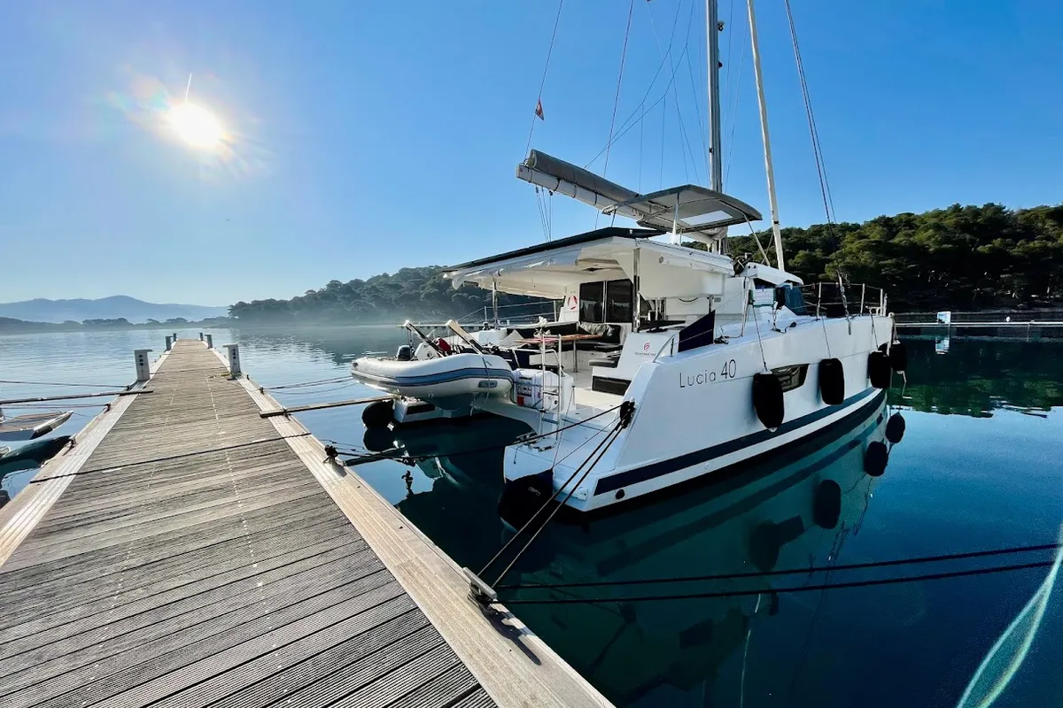 Exterior view of NALA, a Fountaine Pajot Lucia 40 catamaran at Seget Donji, Croatia