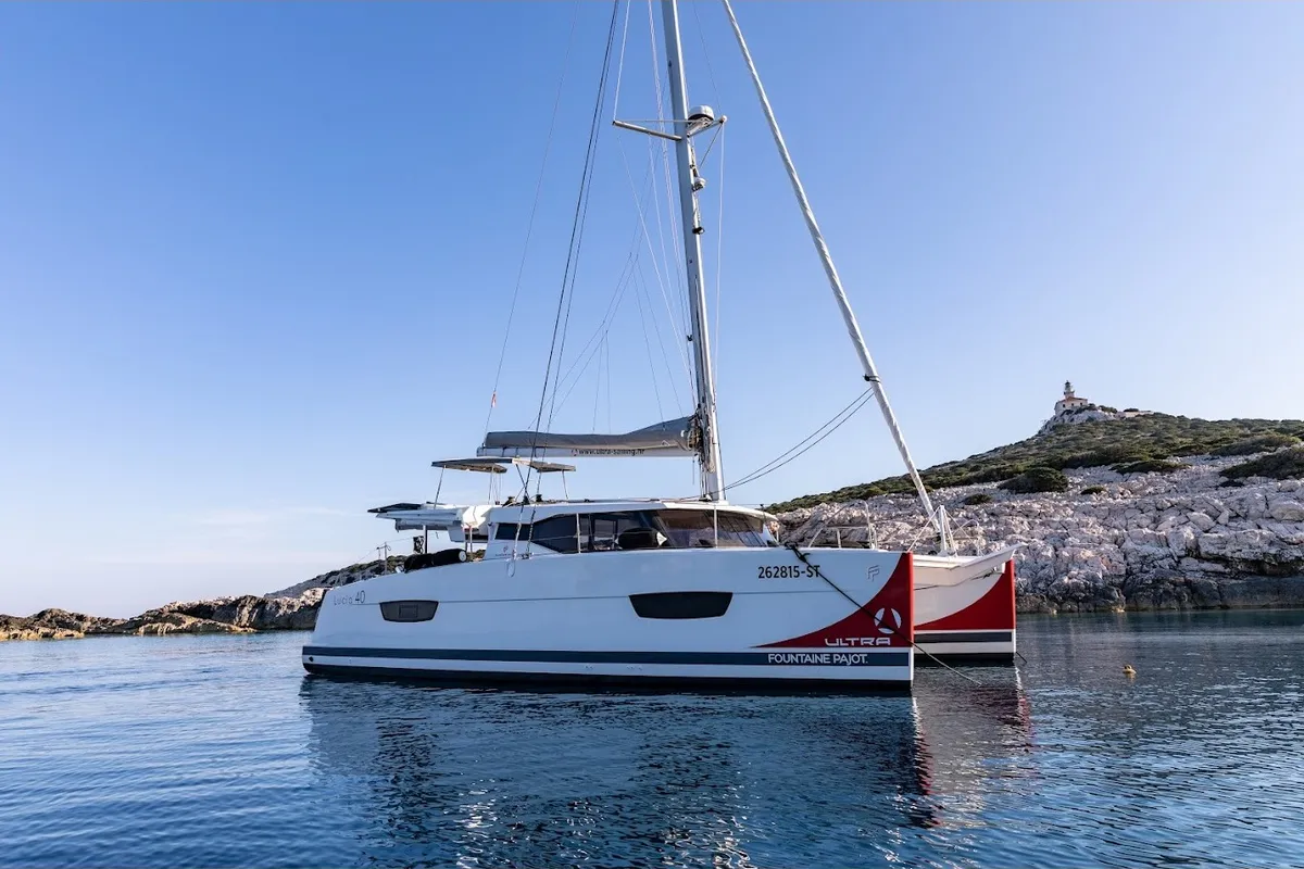 Exterior view of NALA, a Fountaine Pajot Lucia 40 catamaran at Seget Donji, Croatia