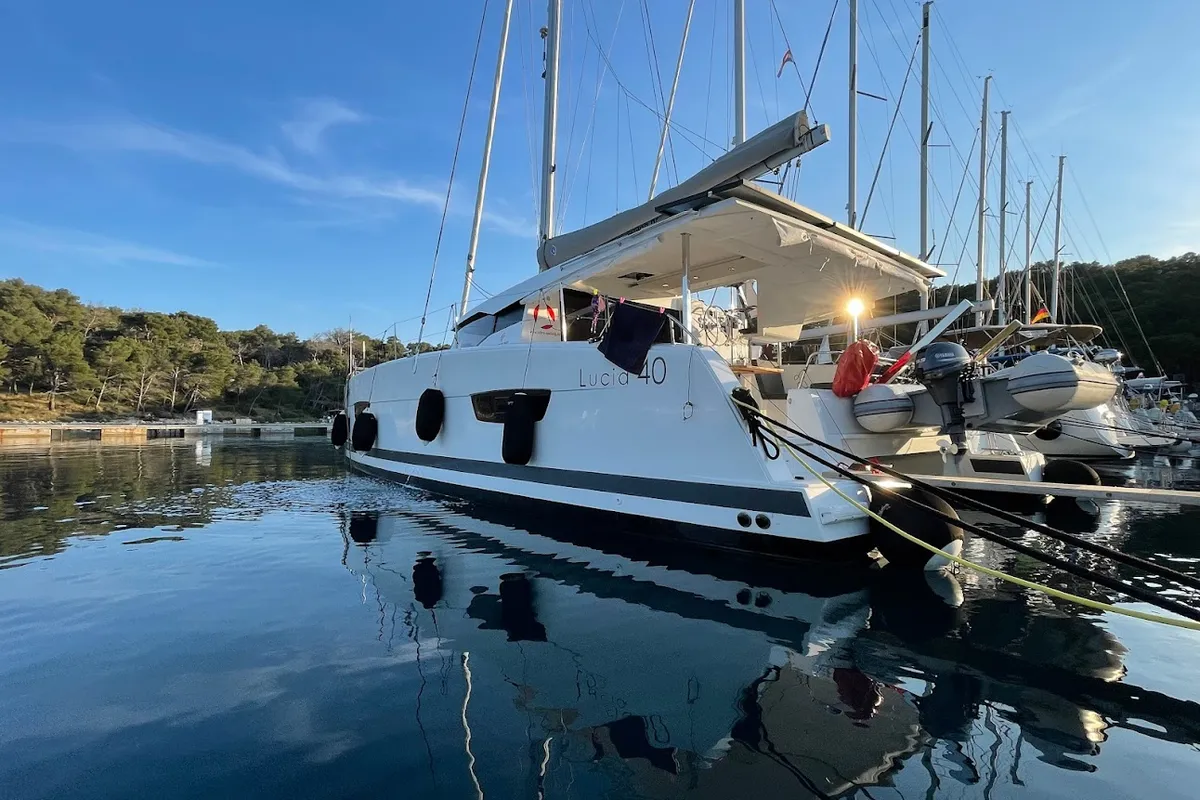 Exterior view of NALA, a Fountaine Pajot Lucia 40 catamaran at Seget Donji, Croatia