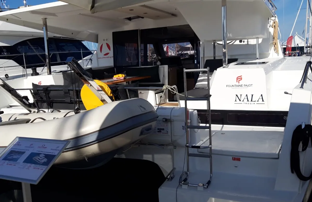 Deck of NALA, a Fountaine Pajot Lucia 40 catamaran at Seget Donji, Croatia
