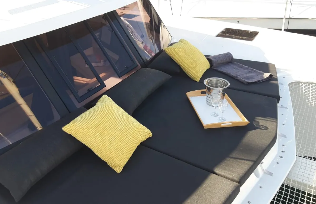 Deck of NALA, a Fountaine Pajot Lucia 40 catamaran at Seget Donji, Croatia