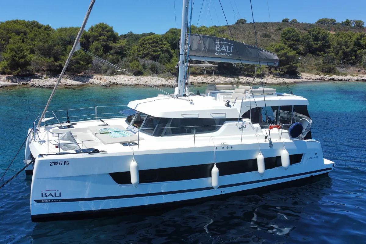 Exterior view of Moje Sunce, a Bali Catspace catamaran at Rogoznica, Croatia