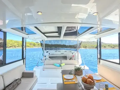 Salon of Moje Sunce, a Bali Catspace catamaran at Rogoznica, Croatia