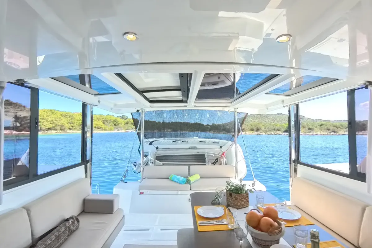 Salon of Moje Sunce, a Bali Catspace catamaran at Rogoznica, Croatia