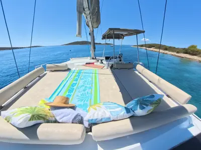 Deck of Moje Sunce, a Bali Catspace catamaran at Rogoznica, Croatia