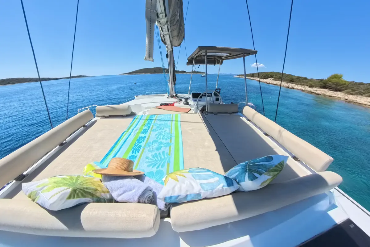 Deck of Moje Sunce, a Bali Catspace catamaran at Rogoznica, Croatia