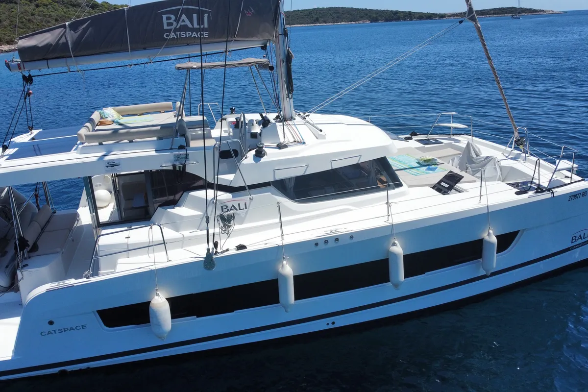 Exterior view of Moje Sunce, a Bali Catspace catamaran at Rogoznica, Croatia