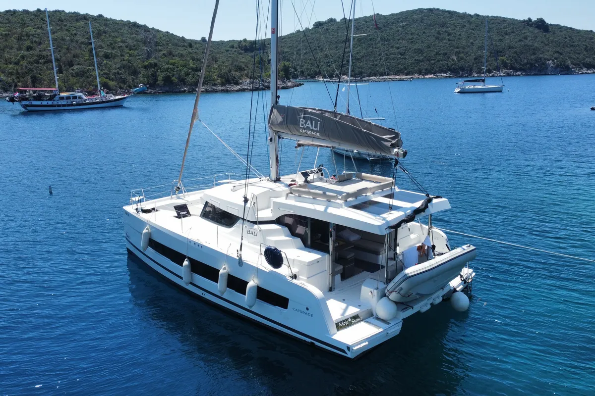 Exterior view of Moje Sunce, a Bali Catspace catamaran at Rogoznica, Croatia