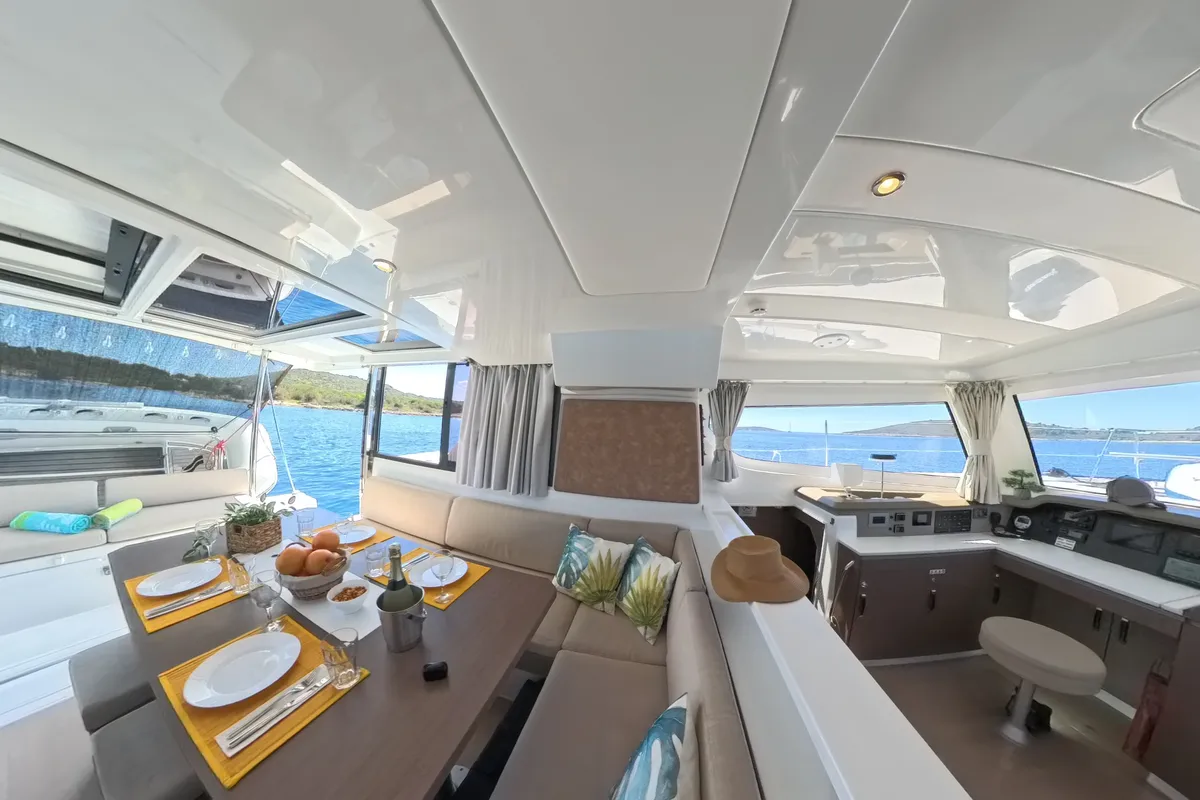 Salon of Moje Sunce, a Bali Catspace catamaran at Rogoznica, Croatia