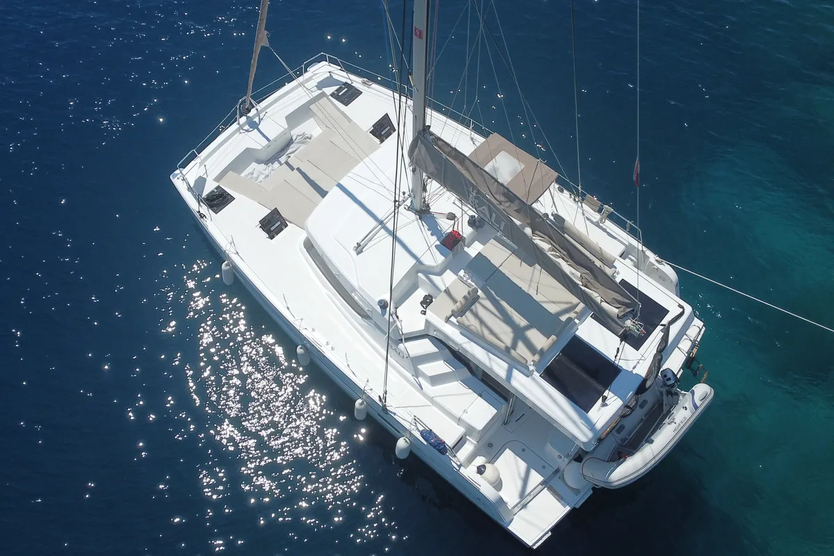 Exterior view of Moje Sunce, a Bali Catspace catamaran at Rogoznica, Croatia