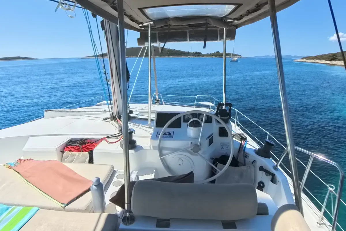Cockpit of Moje Sunce, a Bali Catspace catamaran at Rogoznica, Croatia