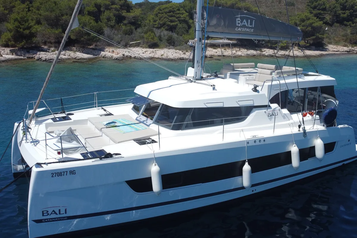 Exterior view of Moje Sunce, a Bali Catspace catamaran at Rogoznica, Croatia