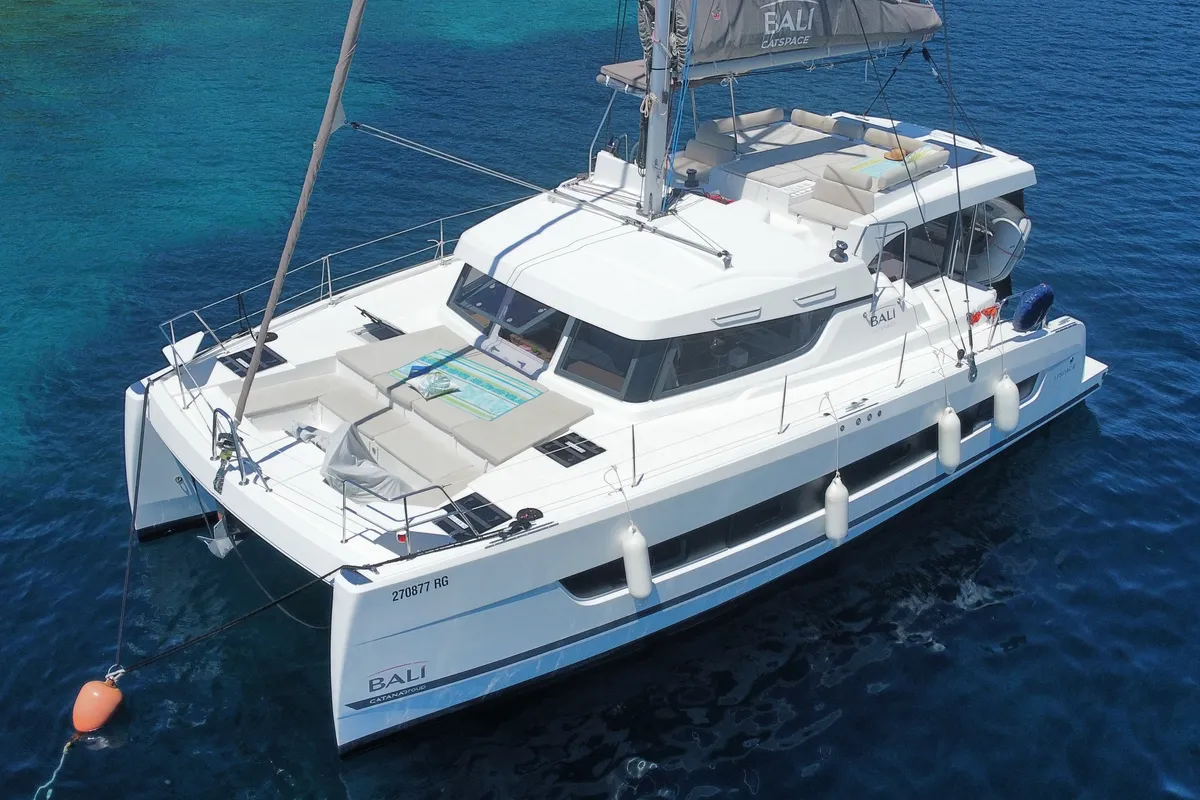 Exterior view of Moje Sunce, a Bali Catspace catamaran at Rogoznica, Croatia