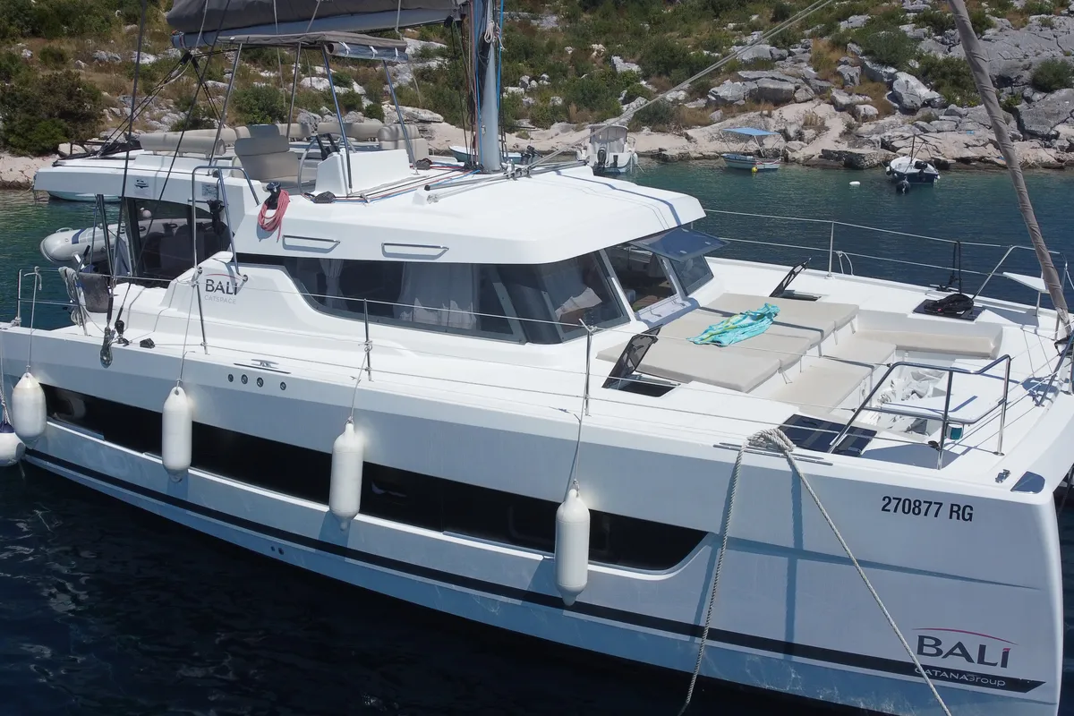 Exterior view of Moje Sunce, a Bali Catspace catamaran at Rogoznica, Croatia