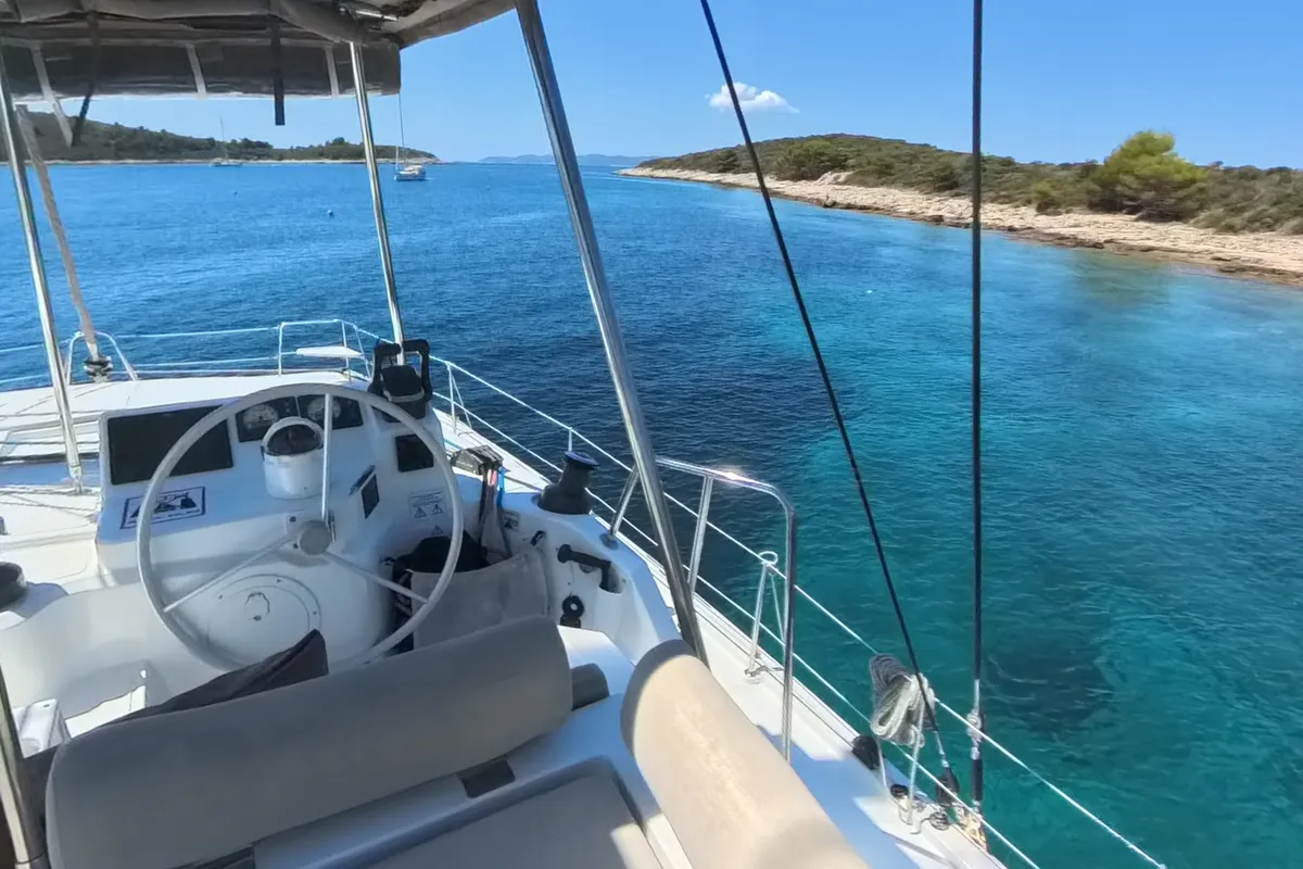 Cockpit of Moje Sunce, a Bali Catspace catamaran at Rogoznica, Croatia