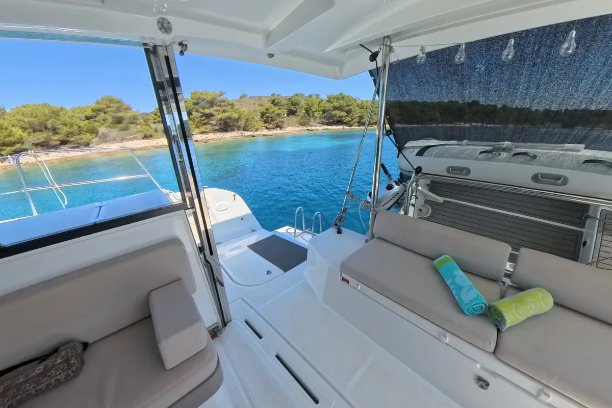 Deck of Moje Sunce, a Bali Catspace catamaran at Rogoznica, Croatia