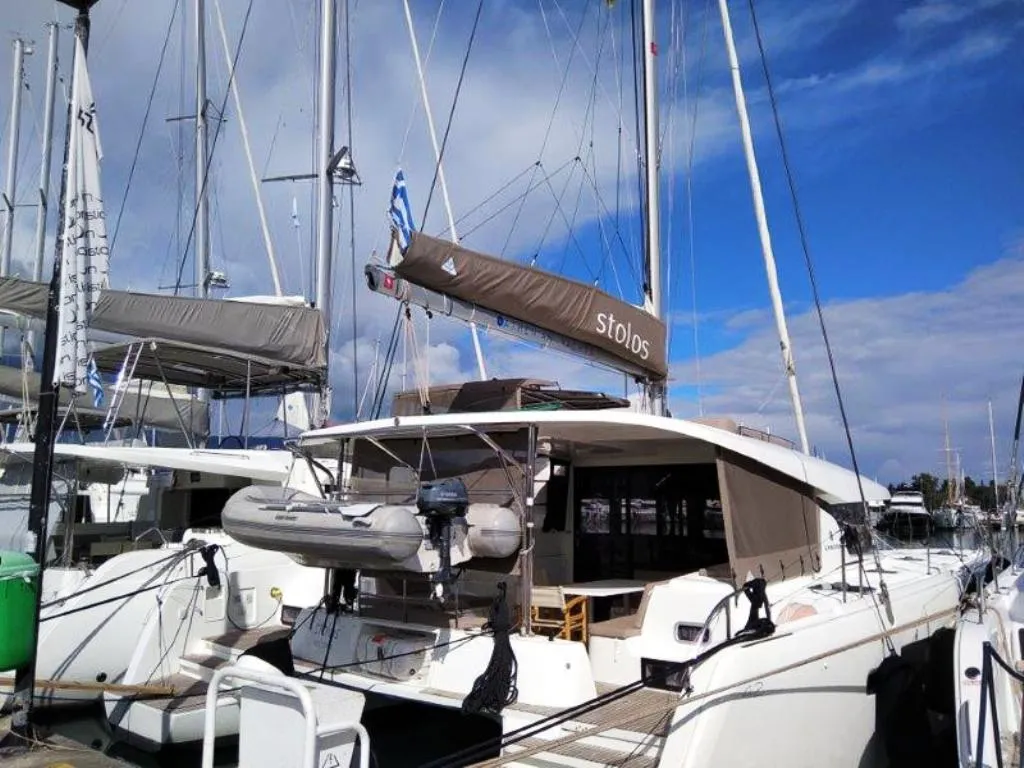 Exterior view of Stolos, a Lagoon 42 catamaran at Lavreotiki, Greece