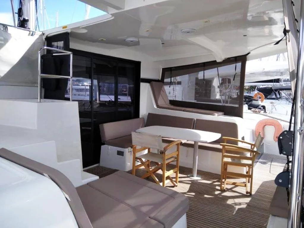 Deck of Stolos, a Lagoon 42 catamaran at Lavreotiki, Greece
