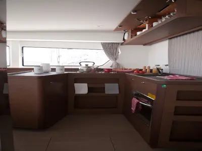 Galley of Stolos, a Lagoon 42 catamaran at Lavreotiki, Greece