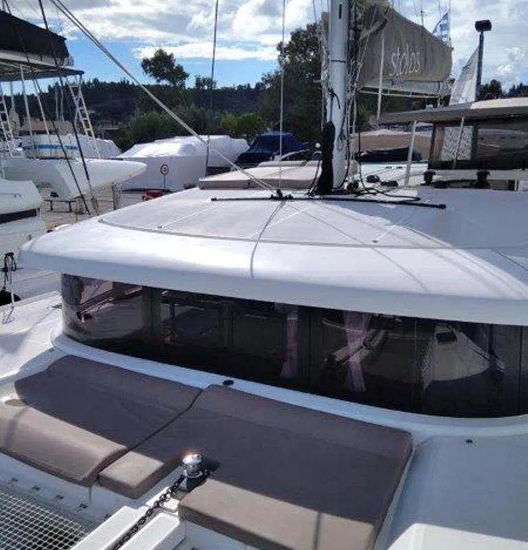 Exterior view of Stolos, a Lagoon 42 catamaran at Lavreotiki, Greece