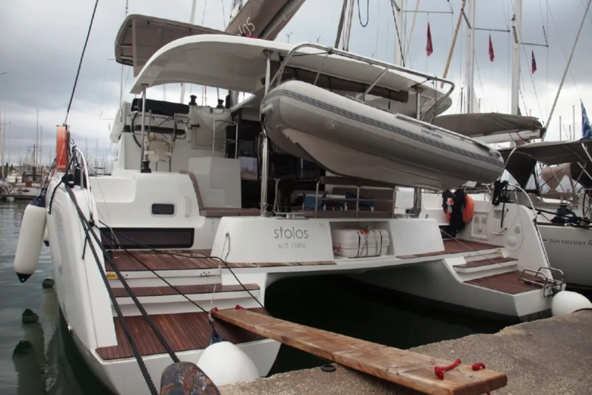 Exterior view of Stolos, a Lagoon 42 catamaran at Lavreotiki, Greece