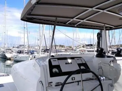 Cockpit of Stolos, a Lagoon 42 catamaran at Lavreotiki, Greece