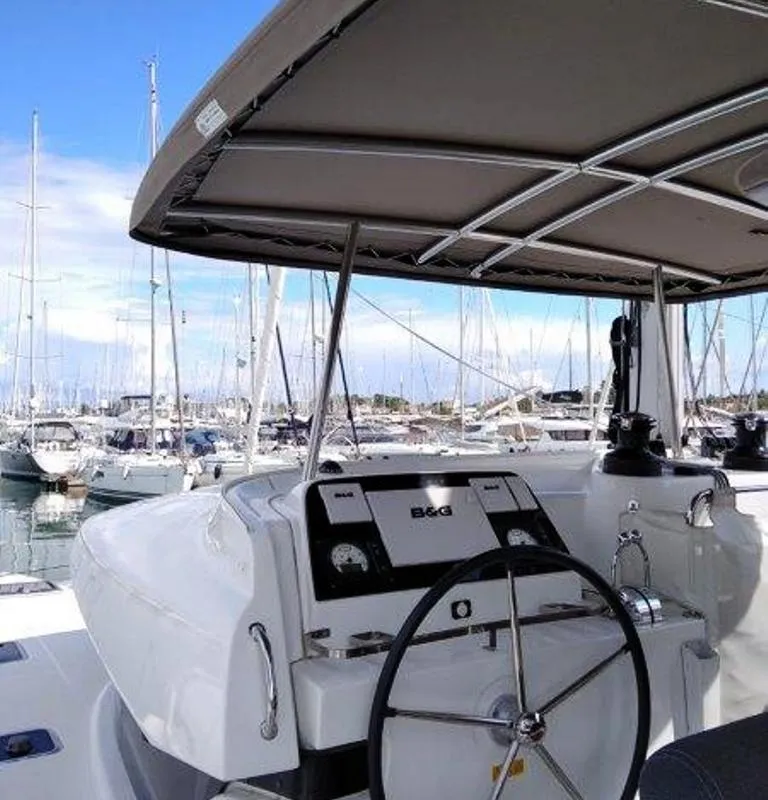 Cockpit of Stolos, a Lagoon 42 catamaran at Lavreotiki, Greece