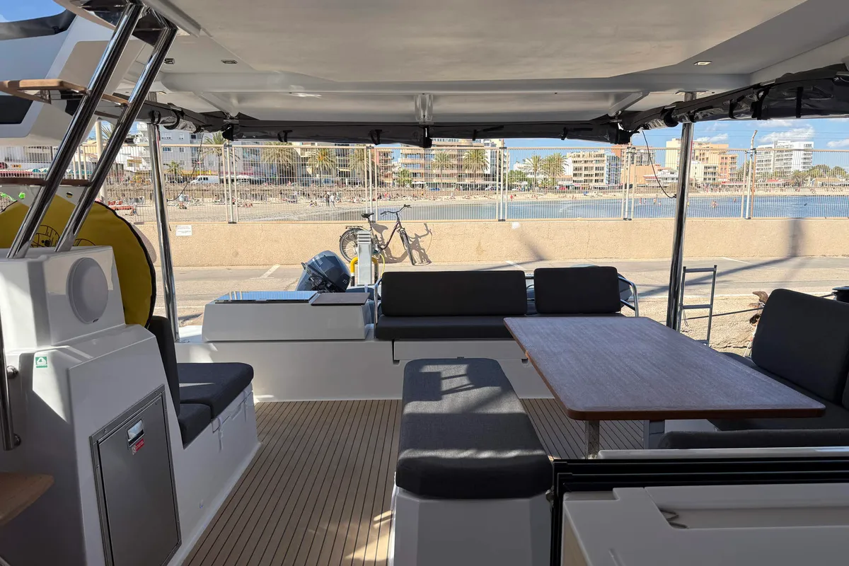Deck of Yara, a Fountaine Pajot Elba 45 catamaran at Palma de Mallorca, Spain