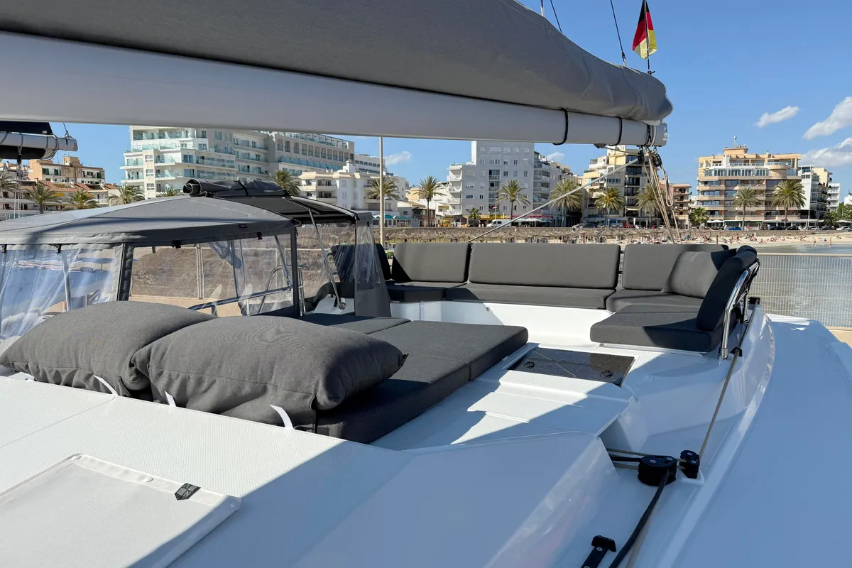 Deck of Yara, a Fountaine Pajot Elba 45 catamaran at Palma de Mallorca, Spain