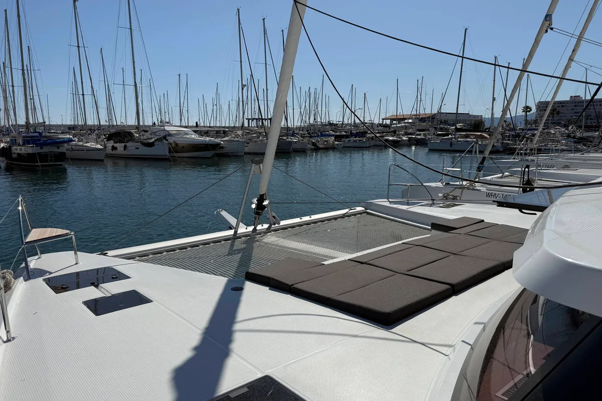 Deck of Yara, a Fountaine Pajot Elba 45 catamaran at Palma de Mallorca, Spain