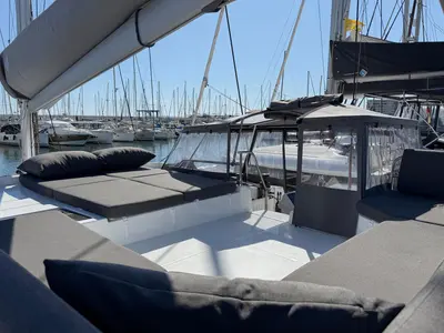 Deck of Yara, a Fountaine Pajot Elba 45 catamaran at Palma de Mallorca, Spain