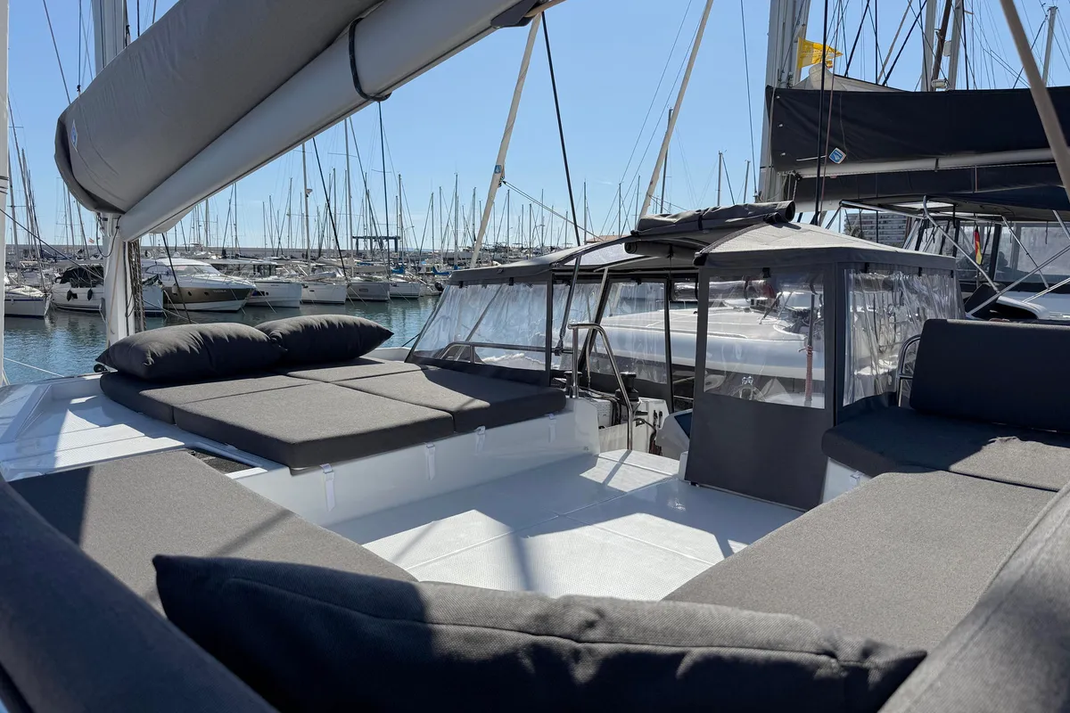 Deck of Yara, a Fountaine Pajot Elba 45 catamaran at Palma de Mallorca, Spain