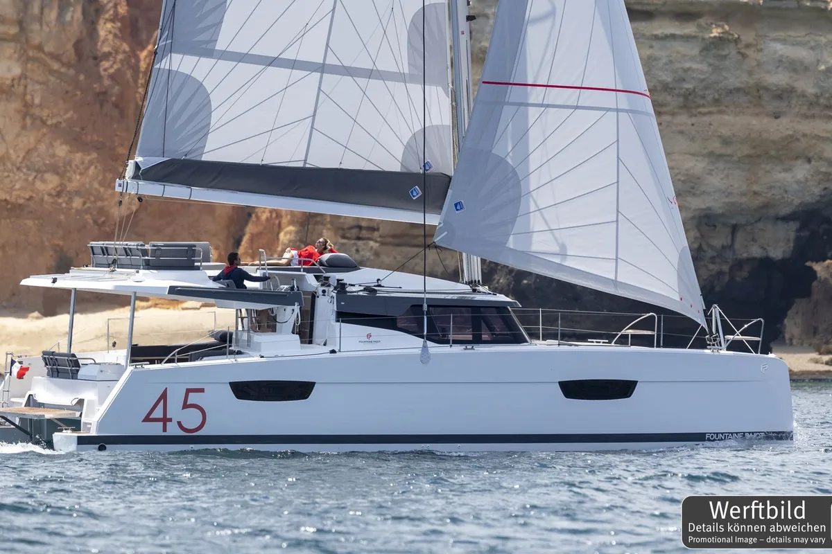 Exterior view of Yara, a Fountaine Pajot Elba 45 catamaran at Palma de Mallorca, Spain