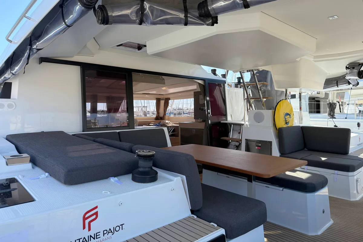 Deck of Yara, a Fountaine Pajot Elba 45 catamaran at Palma de Mallorca, Spain