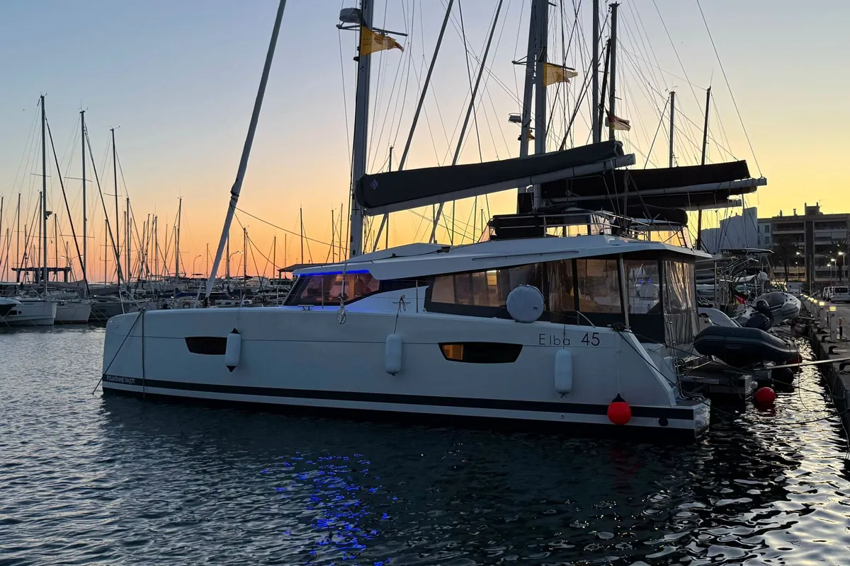 Exterior view of Yara, a Fountaine Pajot Elba 45 catamaran at Palma de Mallorca, Spain