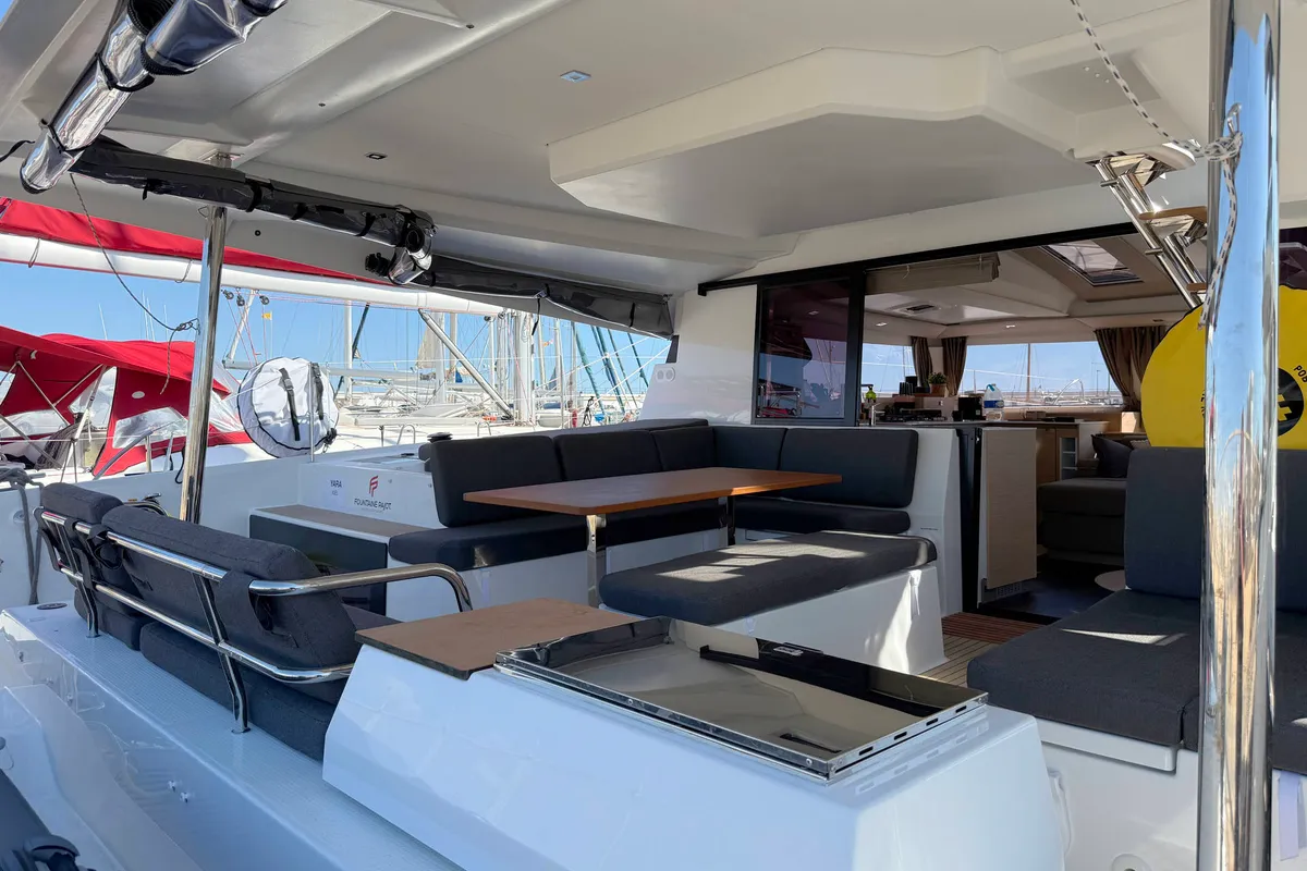 Deck of Yara, a Fountaine Pajot Elba 45 catamaran at Palma de Mallorca, Spain