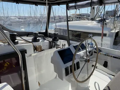 Cockpit of Yara, a Fountaine Pajot Elba 45 catamaran at Palma de Mallorca, Spain