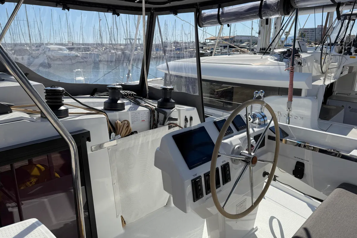 Cockpit of Yara, a Fountaine Pajot Elba 45 catamaran at Palma de Mallorca, Spain